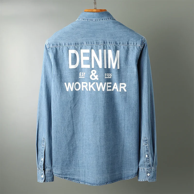 Shirts Denim Men Long Sleeve Slim Printing Cowboy Jacket Spring Autumn Blue Single Breasted College Casual Shirts Tops
Shirts Denim Men Long Sleeve Slim Printing Cowboy Jacket Spring Autumn Blue Single Breasted College Casual Shirts Tops