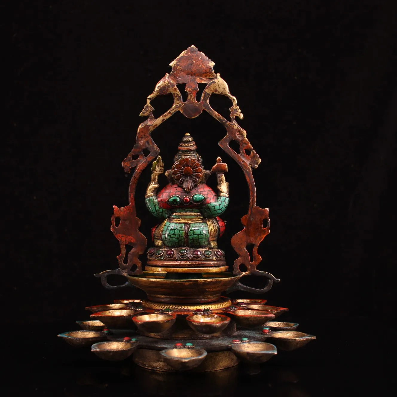 12"Xizang Folk Collection Old Bronze Outline in gold Mosaic Gem Turquoise Ganesh Elephant Phoenix Oil Lamp Candlestick
12"Xizang Folk Collection Old Bronze Outline in gold Mosaic Gem Turquoise Ganesh Elephant Phoenix Oil Lamp Candlestick