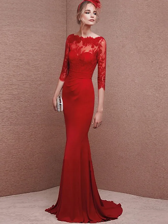Ruby Mermaid Long Evening Dress Boat Neck 3/4 Length Sleeve Top Lace Prom Party Gown Vestidos Fiesta Robe De Soiree
Ruby Mermaid Long Evening Dress Boat Neck 3/4 Length Sleeve Top Lace Prom Party Gown Vestidos Fiesta Robe De Soiree