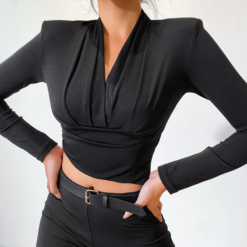 Shoulder Pads V Neck T-Shirts Women Asymmetrical Solid Black Office Ladies Workwear Crop Tops Sexy Autumn Fashion Formal Shirts
Shoulder Pads V Neck T-Shirts Women Asymmetrical Solid Black Office Ladies Workwear Crop Tops Sexy Autumn Fashion Formal Shirts