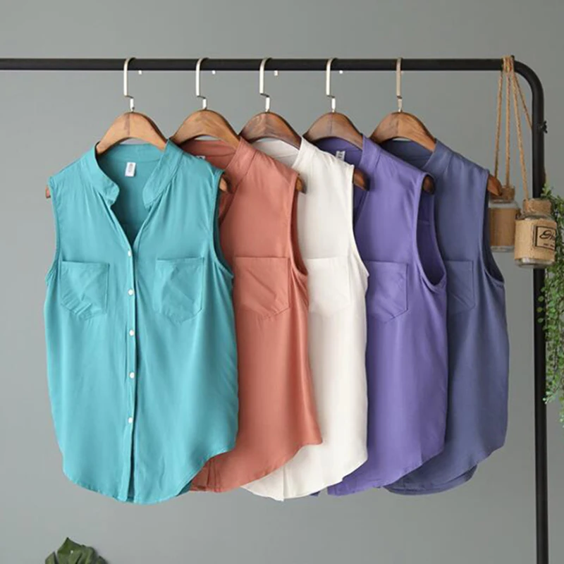 Women's Single-Breasted Sleeveless Blouses Stand Collar Double Pocket Casual Shirt Office Lady Summer Top 2023 Fashion Outfits
Women's Single-Breasted Sleeveless Blouses Stand Collar Double Pocket Casual Shirt Office Lady Summer Top 2023 Fashion Outfits
