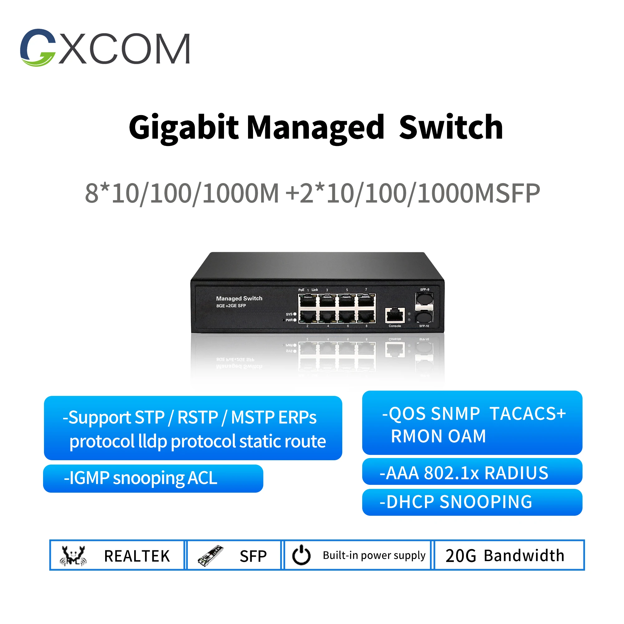 8-Port Full Gigabit Managed Switch with 2 SFP Slots with managment /vlan/ RSTP/SNMP fiber switch
8-Port Full Gigabit Managed Switch with 2 SFP Slots with managment /vlan/ RSTP/SNMP fiber switch