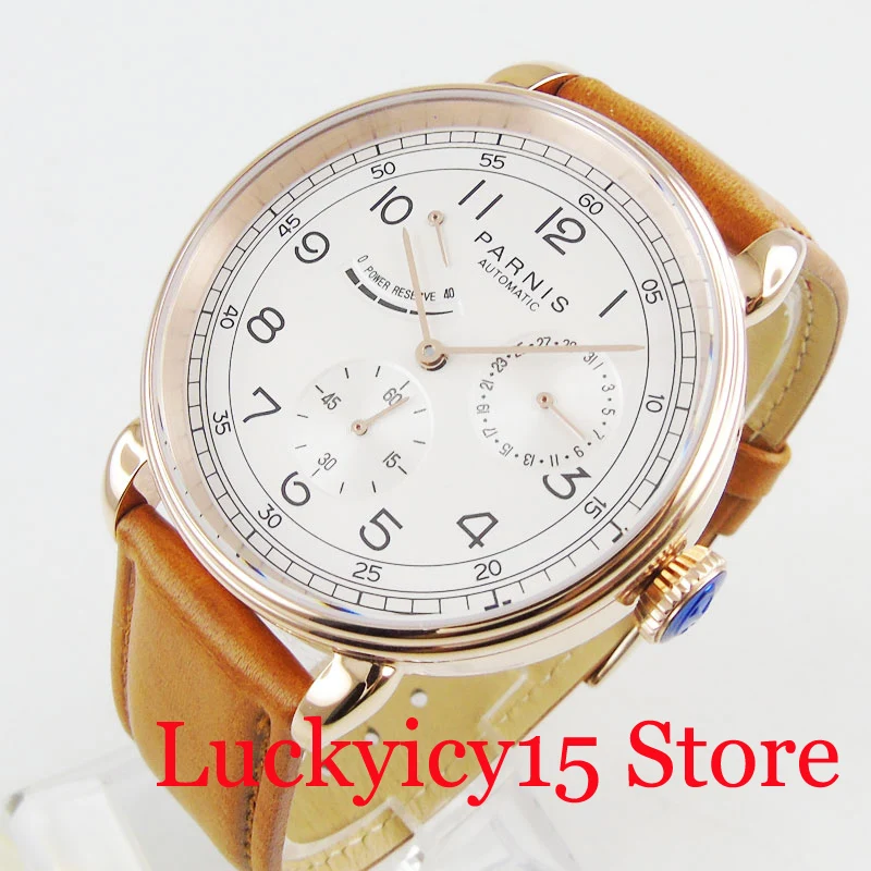 Rose Gold Mechanical Men Watch Power Reserve Indicator 42mm Watch Case PARNIS Brand High Quality Watch
Rose Gold Mechanical Men Watch Power Reserve Indicator 42mm Watch Case PARNIS Brand High Quality Watch