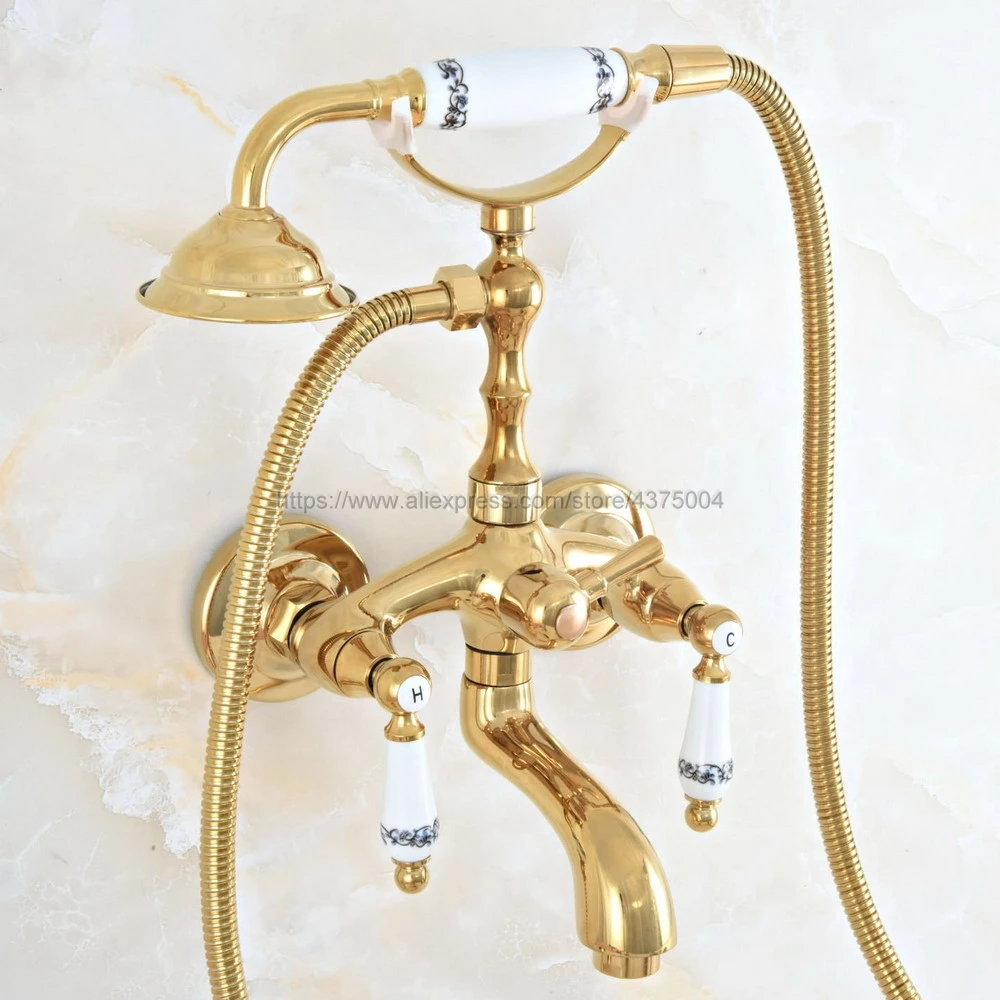 Bathtub Faucets Gold Color Brass Shower Faucets Dual Handle Wall Mounted Bath And Shower Faucet With Handheld Showers Nna818
Bathtub Faucets Gold Color Brass Shower Faucets Dual Handle Wall Mounted Bath And Shower Faucet With Handheld Showers Nna818
