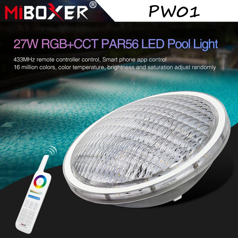 Miboxer 27W RGB+CCT PAR56 LED Pool Light AC12V/DC12-24V IP68 underwater lamp 433MHz RF Control AC12V / DC12~24V Dimmable
Miboxer 27W RGB+CCT PAR56 LED Pool Light AC12V/DC12-24V IP68 underwater lamp 433MHz RF Control AC12V / DC12~24V Dimmable