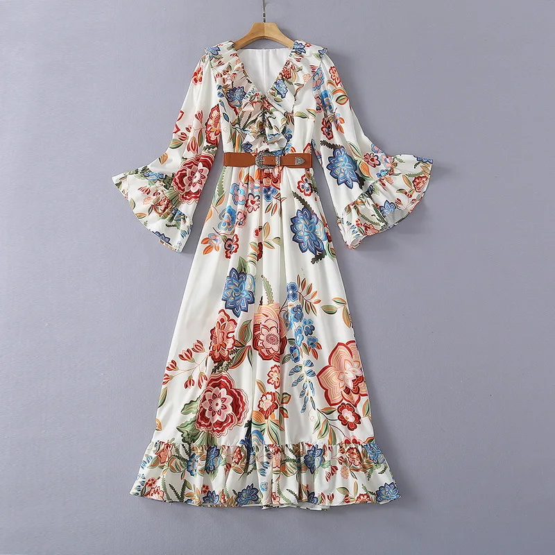 European and American women's clothing spring 2021 new Long sleeve ruffled V-neck Fashionable flower print belt dress
European and American women's clothing spring 2021 new Long sleeve ruffled V-neck Fashionable flower print belt dress