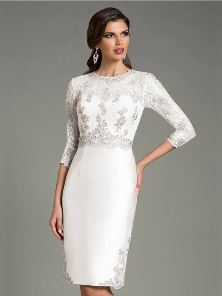 White Mother Of The Bride Dresses Sheath Scoop 3/4 Sleeves Satin Appliques Short Groom Mother Dresses For Weddings
White Mother Of The Bride Dresses Sheath Scoop 3/4 Sleeves Satin Appliques Short Groom Mother Dresses For Weddings