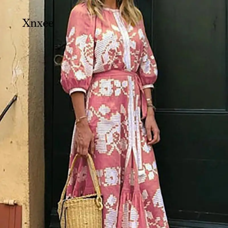 

Spring and Autumn Bohemian Vintage Floral Print Belt Ladies Bohemian V-Neck Bat Sleeve Sleeve Ladies Shirt Long Kimono Robe