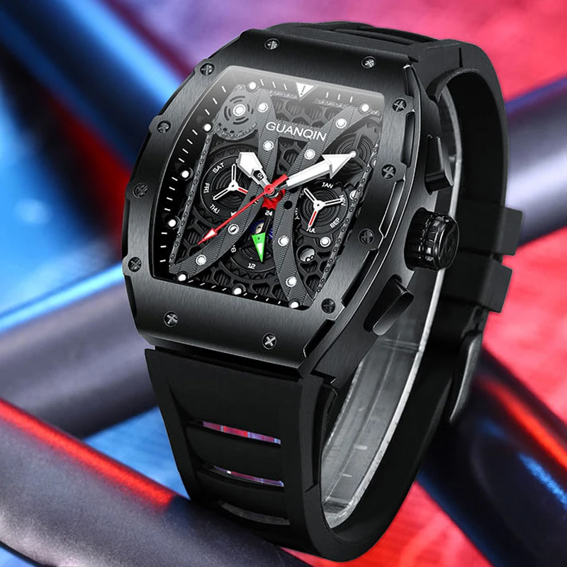 GUANQIN Skeleton Automatic Mechanical Men's Watch Luminous Tourbillon Sapphire Crystal Rubber Band Tonneau Shape Day Date Month
GUANQIN Skeleton Automatic Mechanical Men's Watch Luminous Tourbillon Sapphire Crystal Rubber Band Tonneau Shape Day Date Month
