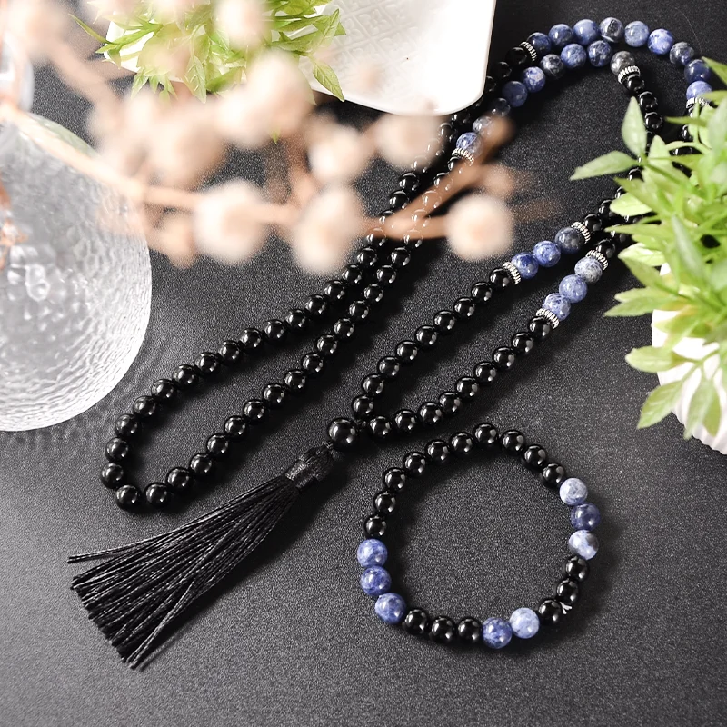 8mm Black Agate Blue Sodalite Beaded 108Mala Necklace Meditation Yoga Blessing Jewelry Bracelet Set Men's and Women's Rosary
8mm Black Agate Blue Sodalite Beaded 108Mala Necklace Meditation Yoga Blessing Jewelry Bracelet Set Men's and Women's Rosary