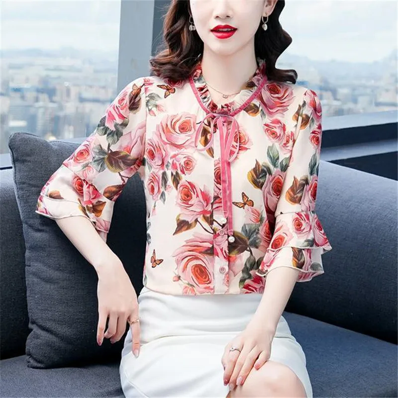 Summer Women Chiffon Solid Print Shirts Loose Temperament Korean Version O-Neck Blouses Fashion Lotus Sleeve Tops Blusas MM0387
Summer Women Chiffon Solid Print Shirts Loose Temperament Korean Version O-Neck Blouses Fashion Lotus Sleeve Tops Blusas MM0387