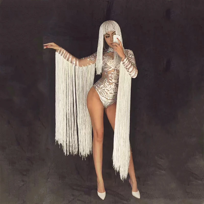 tassels White crystals bodysuit female costumes nightclub bar sexy Jumpsuits rhinestones outfit performance singer DJ show
tassels White crystals bodysuit female costumes nightclub bar sexy Jumpsuits rhinestones outfit performance singer DJ show