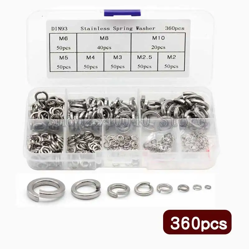 360pcs Spring Washer Assortment Kit stainless steel M2 M2.5 M3 M4 M5 M6 M8 M10 spring lock washer GB93 Elastic Gasket
360pcs Spring Washer Assortment Kit stainless steel M2 M2.5 M3 M4 M5 M6 M8 M10 spring lock washer GB93 Elastic Gasket