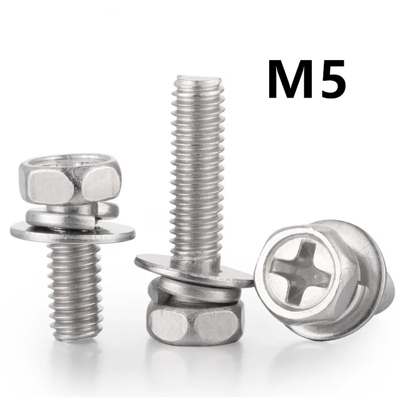50pcs/lot M5x8/10/12/16/18/20/25mm GB9074.13 Stainless steel phillips sems hex bolt with washer three combination screws
50pcs/lot M5x8/10/12/16/18/20/25mm GB9074.13 Stainless steel phillips sems hex bolt with washer three combination screws