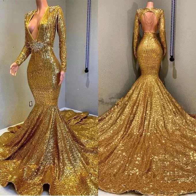 2024 Gold Sequins Prom Dresses New V Neck Long Sleeves Mermaid Party Pageant Gowns Women Evening Wears robe de soriee
2024 Gold Sequins Prom Dresses New V Neck Long Sleeves Mermaid Party Pageant Gowns Women Evening Wears robe de soriee