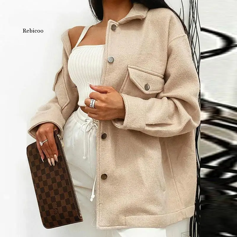 Autumn Single Breasted Turn-Down Collar Wool Coat Women Elegant Long Sleeve Pocket Outwear Fashion Solid Loose Streetwear Jacket
Autumn Single Breasted Turn-Down Collar Wool Coat Women Elegant Long Sleeve Pocket Outwear Fashion Solid Loose Streetwear Jacket