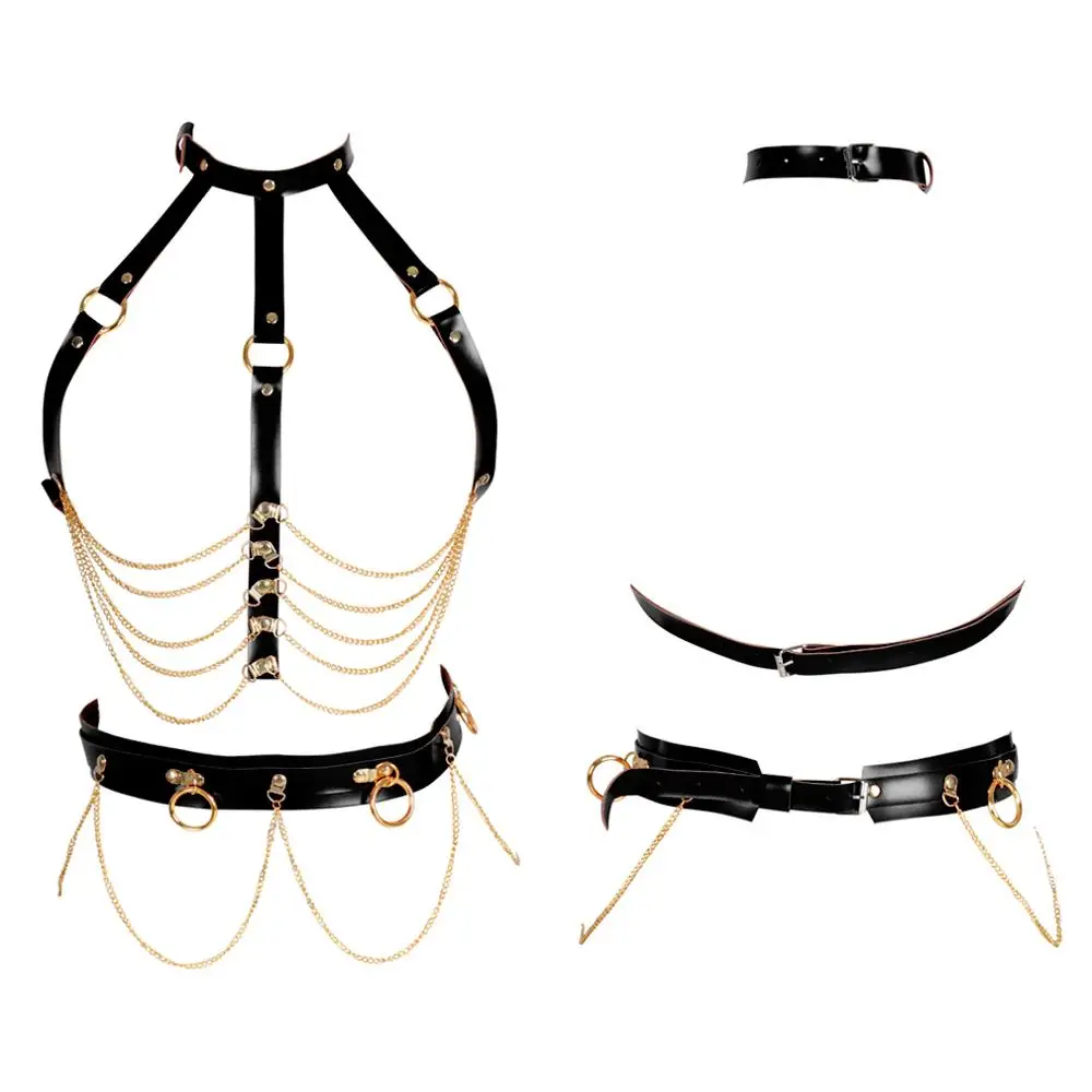 Gothic Punk Gold Chain Leather Harness Bra Bondage Top Waist Belt Pole Dance Rave Cage Suspender Lingerie Set Women Body Strap
Gothic Punk Gold Chain Leather Harness Bra Bondage Top Waist Belt Pole Dance Rave Cage Suspender Lingerie Set Women Body Strap