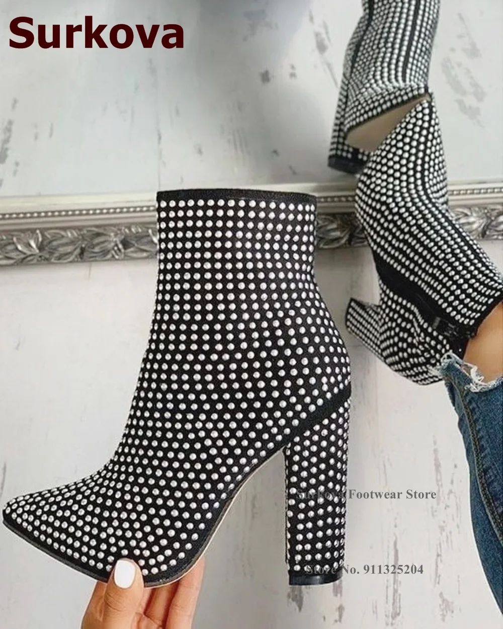 Surkova Black Suede Silver Studded Ankle Boots Chunky Heels Pointed Toe Short Booties Metallic Embellished Dress Shoes Size46
Surkova Black Suede Silver Studded Ankle Boots Chunky Heels Pointed Toe Short Booties Metallic Embellished Dress Shoes Size46