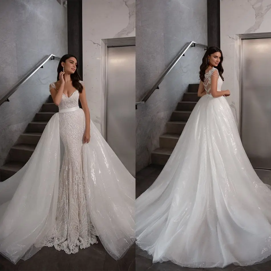 Mermaid Wedding Dresses V Neck Short Sleeve Beading Appliques Lace Bridal Gowns 2020 Button Back Detachable Train Wedding Dress
Mermaid Wedding Dresses V Neck Short Sleeve Beading Appliques Lace Bridal Gowns 2020 Button Back Detachable Train Wedding Dress