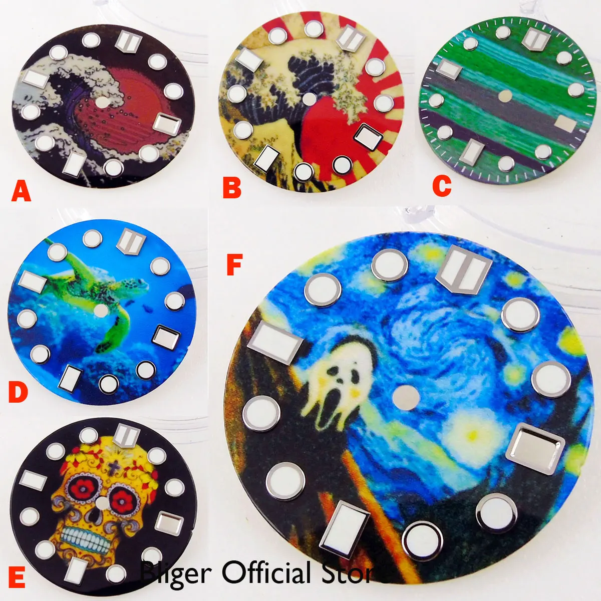 Fit NH35A 28.5mm Nologo Colorful Watch Dial Skeleton/Abstract/Tortoise/Surfing Pattern Greeen Luminous Marks
Fit NH35A 28.5mm Nologo Colorful Watch Dial Skeleton/Abstract/Tortoise/Surfing Pattern Greeen Luminous Marks