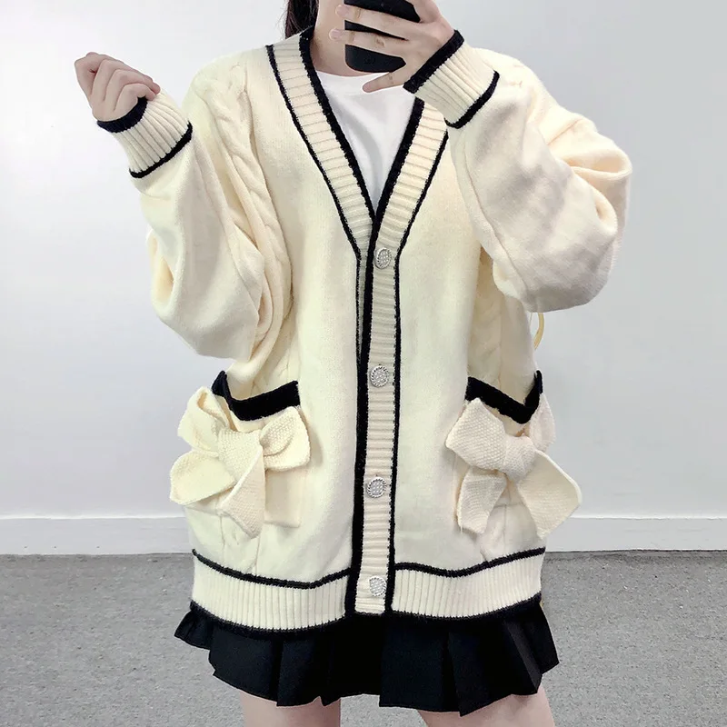 Women's Thick Long Cardigan, Oversized Sweater Jacket, V-neck, Contrast Color, Striped Bows Knit, Autumn, Winter
Women's Thick Long Cardigan, Oversized Sweater Jacket, V-neck, Contrast Color, Striped Bows Knit, Autumn, Winter