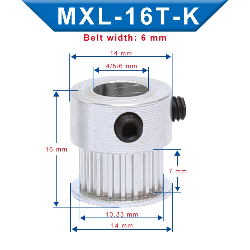 2 pcs MXL-16T Timing Pulley Bore 4/5/6mm Pulley Wheel Slot Width 7mm Match with Width 6mm MXL- Synchronous belt For 3D Printers
2 pcs MXL-16T Timing Pulley Bore 4/5/6mm Pulley Wheel Slot Width 7mm Match with Width 6mm MXL- Synchronous belt For 3D Printers