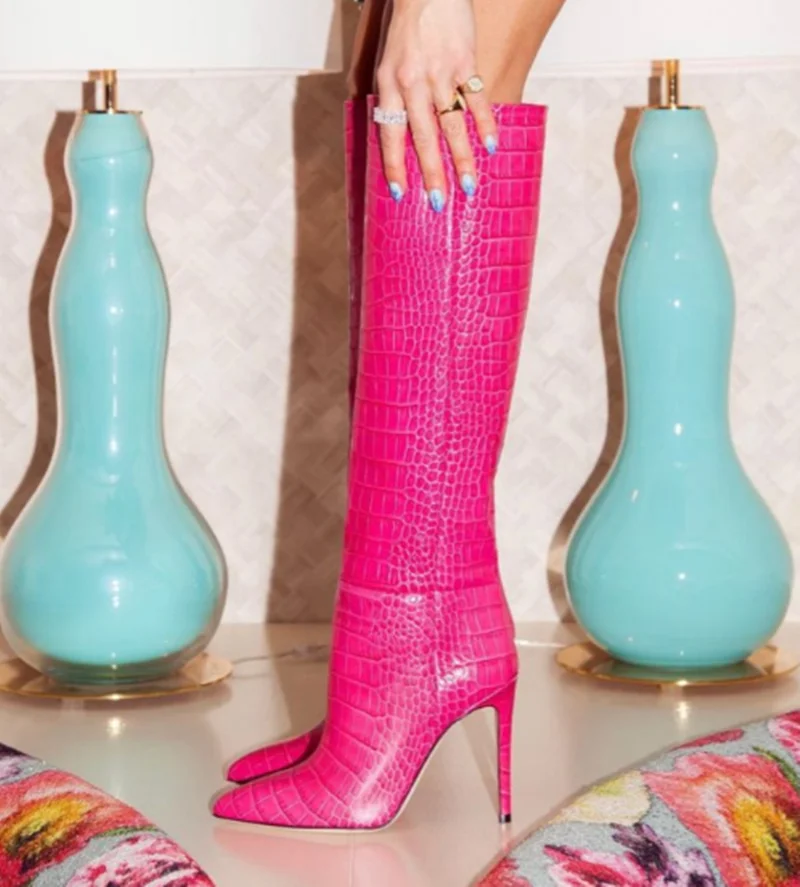 Woman Crocodile Knee High Boots Pointed Toe Fuchsia Snakeskin Winter Long Boots Stiletto Heels Club Party Dress Shoes
Woman Crocodile Knee High Boots Pointed Toe Fuchsia Snakeskin Winter Long Boots Stiletto Heels Club Party Dress Shoes