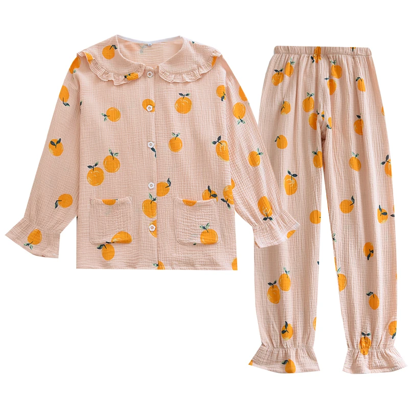 Spring Women Leisure Pajamas Cardigan Top + Trousers 2 Piece Set Comfortable Gauze Crepe Cotton Pajama Home Clothes Sleepwear
Spring Women Leisure Pajamas Cardigan Top + Trousers 2 Piece Set Comfortable Gauze Crepe Cotton Pajama Home Clothes Sleepwear