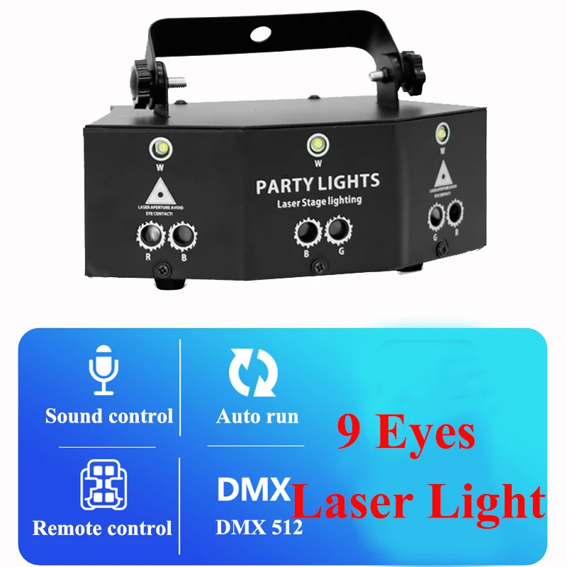 9-eye RGB Laser Light White LED Strobe Patterns Laser Scaning Effects Holiday Party Lighting with Remote Control for Disco Bar
9-eye RGB Laser Light White LED Strobe Patterns Laser Scaning Effects Holiday Party Lighting with Remote Control for Disco Bar
