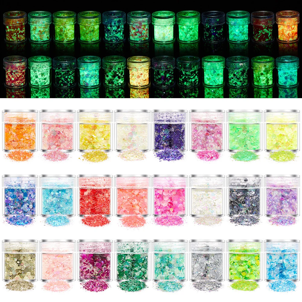 24 Color Luminous Sequins Glow In The Dark Fluorescent Glitters For DIY Jewelry Nail Art Craft Epoxy Resin Filling Decoration
24 Color Luminous Sequins Glow In The Dark Fluorescent Glitters For DIY Jewelry Nail Art Craft Epoxy Resin Filling Decoration