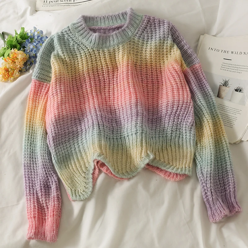 Women's Long-sleeved Wild Wavy Knitted Sweater Autumn New Fashion Rainbow Gradient Color Loose Thin Short Pullover
Women's Long-sleeved Wild Wavy Knitted Sweater Autumn New Fashion Rainbow Gradient Color Loose Thin Short Pullover