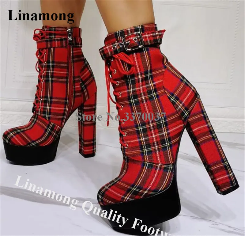 Linamong Newest Red Plaid Cloth High Platform Chunky Heel Short Boots Round Toe Lace-up Ankle Buckle Thick Heel Ankle Booties
Linamong Newest Red Plaid Cloth High Platform Chunky Heel Short Boots Round Toe Lace-up Ankle Buckle Thick Heel Ankle Booties