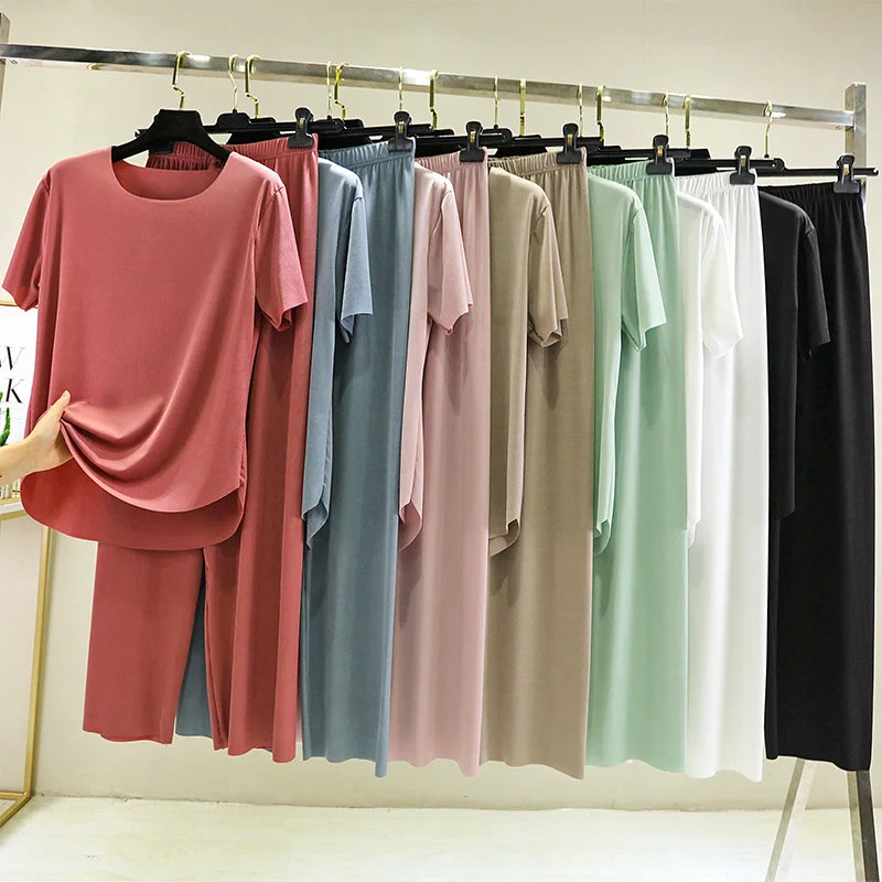 Summer Fashion Women Tracksuits 2pcs Sets Modal Ice Silk Super Thin Short Sleeve Tshirt+Pant Solid Loose Casual Pajamas Set
Summer Fashion Women Tracksuits 2pcs Sets Modal Ice Silk Super Thin Short Sleeve Tshirt+Pant Solid Loose Casual Pajamas Set