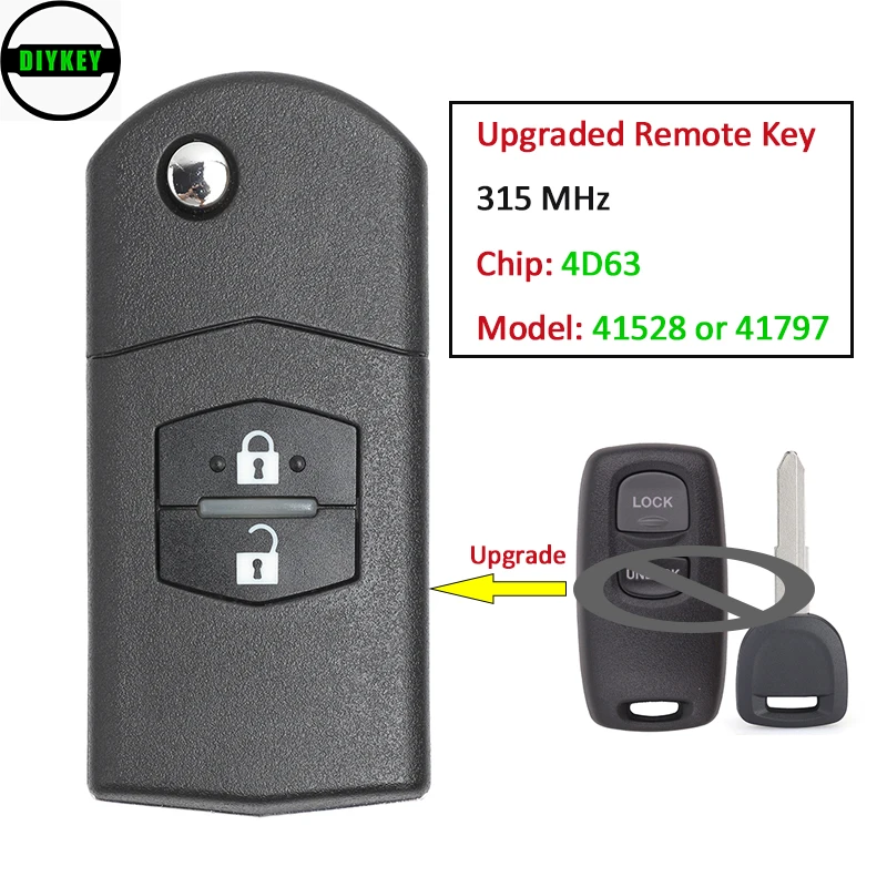 DIYKEY upgrade Flip Remote Car Key 2 Buttons 315MHz 4D63 Chip Fob for Mazda 3 6 Visteon Model No. 41528 or 41797
DIYKEY upgrade Flip Remote Car Key 2 Buttons 315MHz 4D63 Chip Fob for Mazda 3 6 Visteon Model No. 41528 or 41797