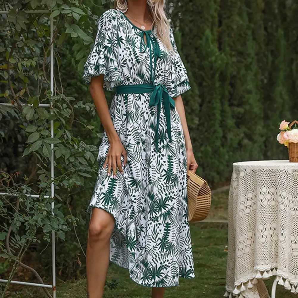 Fashion Ruffle Half Sleeve Women Dress All Match Plant Leaf Print Thin V Neck Lace-Up Large Hem Midi Dress Streetwear for Summer
Fashion Ruffle Half Sleeve Women Dress All Match Plant Leaf Print Thin V Neck Lace-Up Large Hem Midi Dress Streetwear for Summer