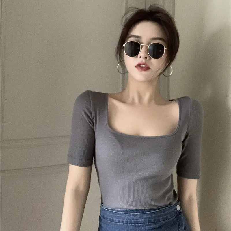 Women's Elegant Square Neck Short Sleeve T Shirt 2021 Summer Solid Color Slim Tshirt Ladies Streetwear Casual Tees Top For Women
Women's Elegant Square Neck Short Sleeve T Shirt 2021 Summer Solid Color Slim Tshirt Ladies Streetwear Casual Tees Top For Women