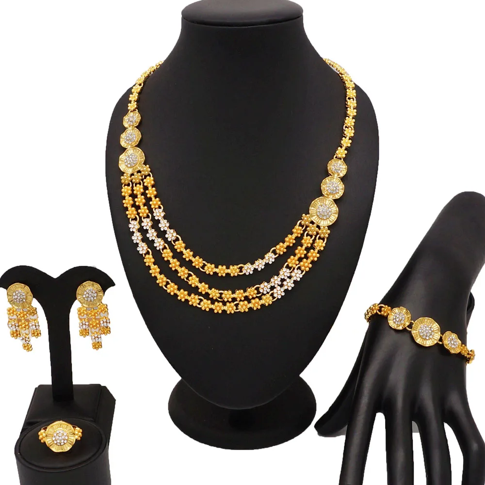 African elegant Jewelry sets for women wedding Fashion gold color flower Necklace earrings ring bangle for women gift
African elegant Jewelry sets for women wedding Fashion gold color flower Necklace earrings ring bangle for women gift