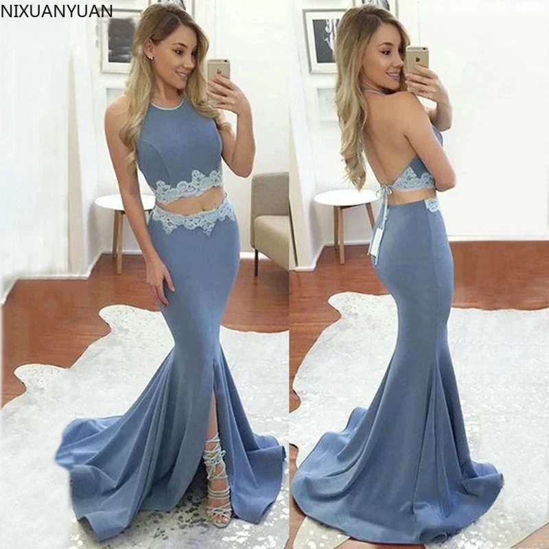 Halter Two Piece Evening Dresses Split Skirt Mermaid Long Formal Party Gown Floor Length Appliques Prom Dress with Jacket
Halter Two Piece Evening Dresses Split Skirt Mermaid Long Formal Party Gown Floor Length Appliques Prom Dress with Jacket