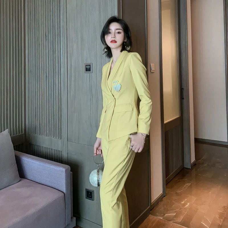 Business Lady Autumn Elegant High Quality OL Work Suit Yellow Women's Business Suit Blazer Jacket Trousers 2 Piece Set Costume
Business Lady Autumn Elegant High Quality OL Work Suit Yellow Women's Business Suit Blazer Jacket Trousers 2 Piece Set Costume
