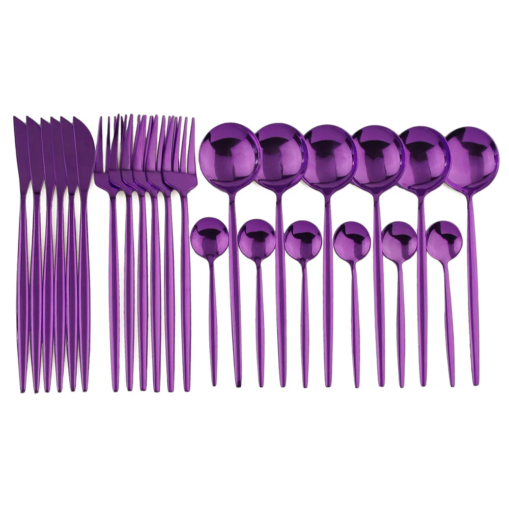24Pcs Purple Mirror 304 Stainless Steel Dinnerware Set Knife Fork Spoon Tableware Cutlery Set Western Dinner Flatware Silverware
24Pcs Purple Mirror 304 Stainless Steel Dinnerware Set Knife Fork Spoon Tableware Cutlery Set Western Dinner Flatware Silverware