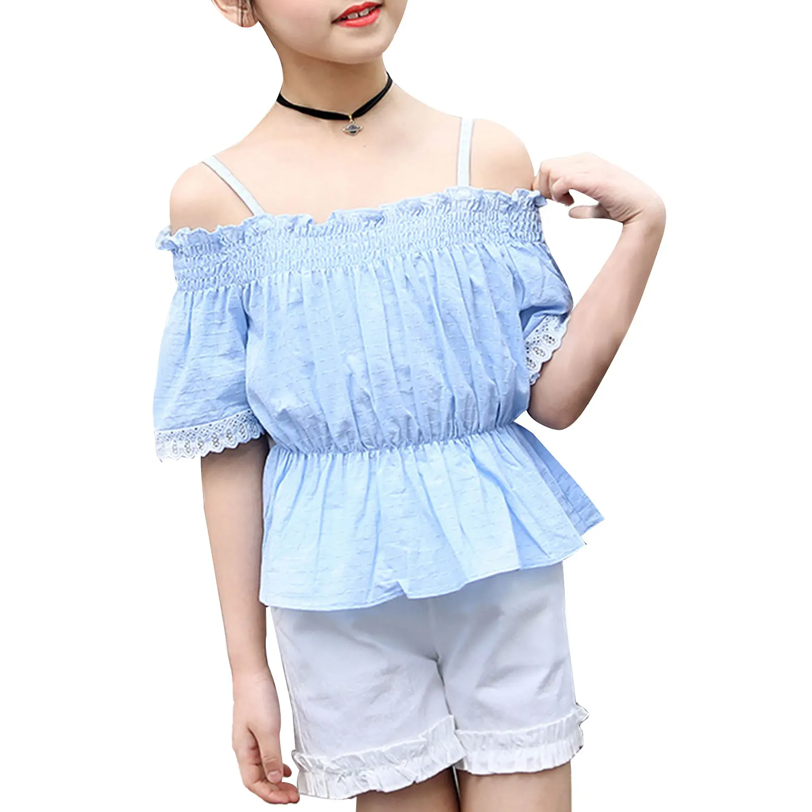 Kids Girls Summer Clothing Casual Outfits Off Shoulder Sling Top Shirts + Shorts 2Pcs Suit Fashion Children Clothes Girl Sets
Kids Girls Summer Clothing Casual Outfits Off Shoulder Sling Top Shirts + Shorts 2Pcs Suit Fashion Children Clothes Girl Sets