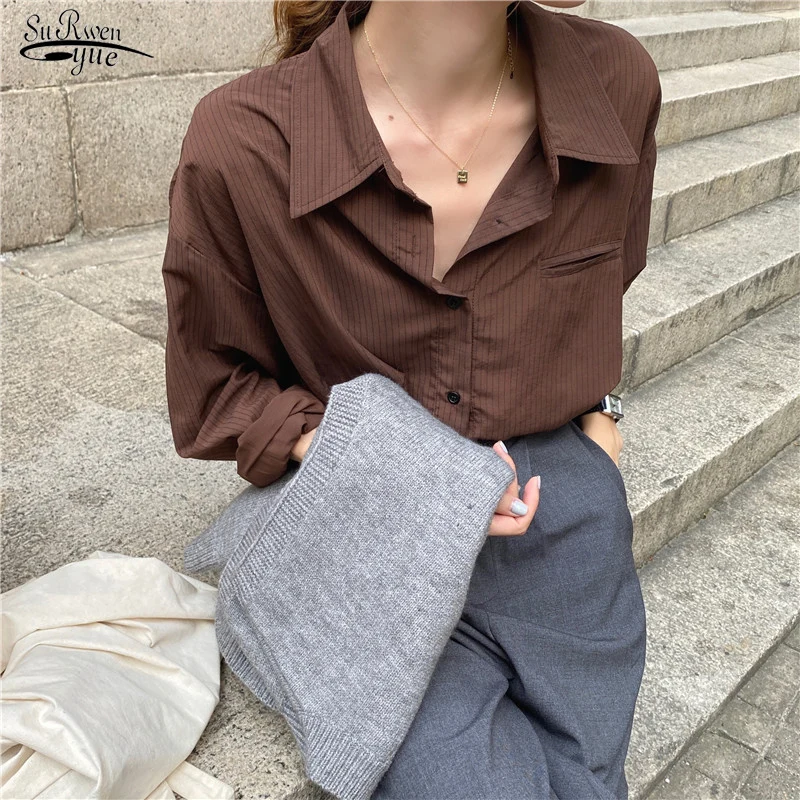 Vintage Shirt POLO Collar Office Lady Tops Fashion Striped Shirts Women Long Sleeve Blouse Korean Autumn Retro Clothes 11811
Vintage Shirt POLO Collar Office Lady Tops Fashion Striped Shirts Women Long Sleeve Blouse Korean Autumn Retro Clothes 11811