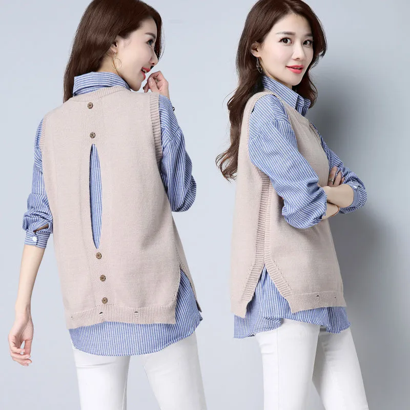 Pize Size Women's Slim Striped Shirt And Sweater Vest Two Piece Suit Korean Loose Sleeveless Knitted Waistcot Women Set 4XL Q78
Pize Size Women's Slim Striped Shirt And Sweater Vest Two Piece Suit Korean Loose Sleeveless Knitted Waistcot Women Set 4XL Q78