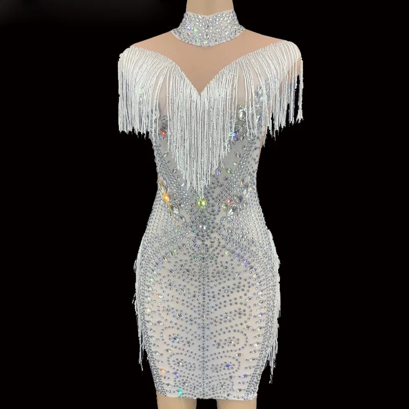 Birthday Celebrate Transparent Mesh Outfit Singer Rhinestone White Fringe Short Dress Dancer Bar Prom Dress
Birthday Celebrate Transparent Mesh Outfit Singer Rhinestone White Fringe Short Dress Dancer Bar Prom Dress
