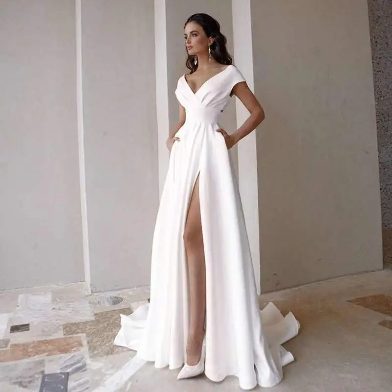 BANVASAC V Neck Satin A Line Wedding Dresses with Pockets Simple Short Cap Sleeve Slit Sweep Train Bridal Gowns
BANVASAC V Neck Satin A Line Wedding Dresses with Pockets Simple Short Cap Sleeve Slit Sweep Train Bridal Gowns