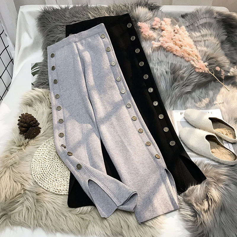 Knitted Pants Women's Spring Casual Trousers Elastic Waist Side Row Buckle Slim High Waist Black/gray Straight Pants Loose
Knitted Pants Women's Spring Casual Trousers Elastic Waist Side Row Buckle Slim High Waist Black/gray Straight Pants Loose