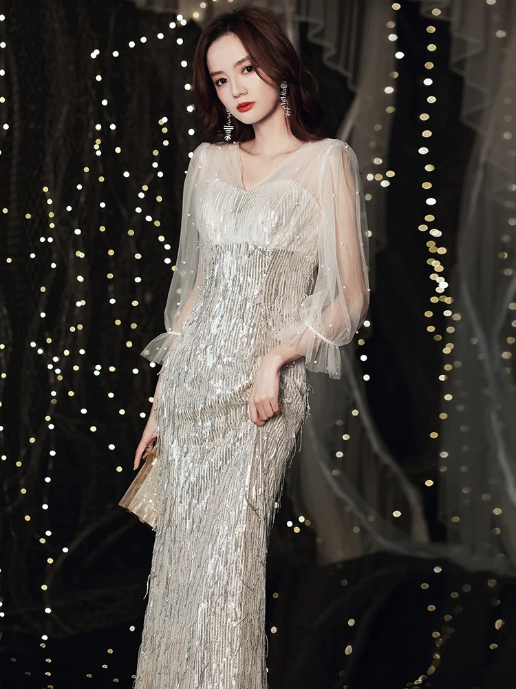 Champagne Sequined Evening Dress V Neck Tassel Tulle Sleeve Beading Slim Dresses Elegant Women Formal Party Gown
Champagne Sequined Evening Dress V Neck Tassel Tulle Sleeve Beading Slim Dresses Elegant Women Formal Party Gown