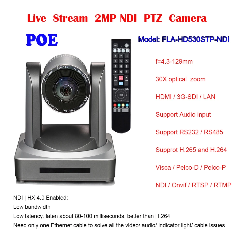 Full HD 1080P60 NDI SDI HDMI IP POE Camera 30X Optical Zoom for Video Conferencing
Full HD 1080P60 NDI SDI HDMI IP POE Camera 30X Optical Zoom for Video Conferencing