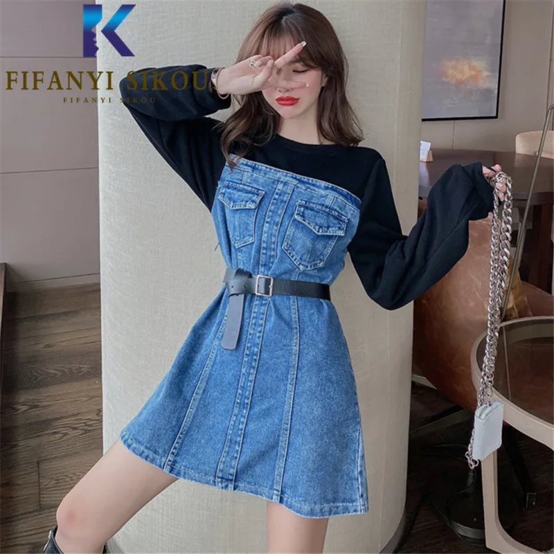 Fashion Spliced Denim Dress Women O-Neck Long Sleeve Patchwork High Waist Mini Dress Female Autumn Loose Jeans Dresses With Belt
Fashion Spliced Denim Dress Women O-Neck Long Sleeve Patchwork High Waist Mini Dress Female Autumn Loose Jeans Dresses With Belt