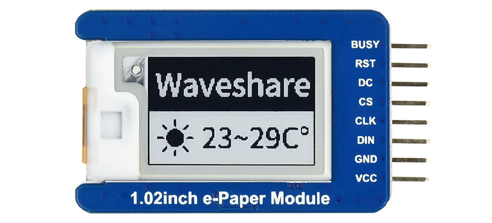 Waveshare 1.02inch E-Ink display module, 128*80 resolution,black/white dual-color, SPI interface,with embedded controller
Waveshare 1.02inch E-Ink display module, 128*80 resolution,black/white dual-color, SPI interface,with embedded controller
